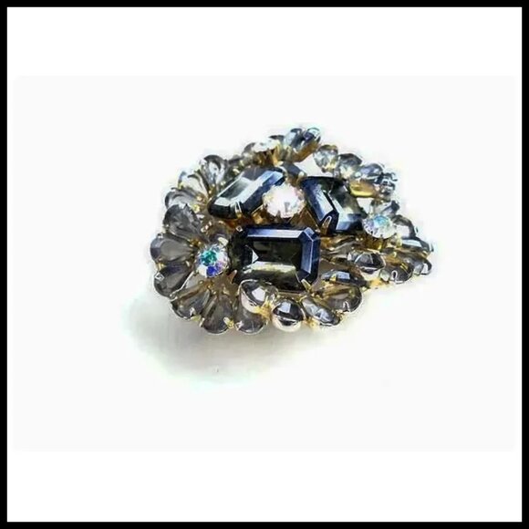 Rhinestone Brooch Big Gray Black Statement Pin 70s Vintage ON SALE - Picture 5 of 16